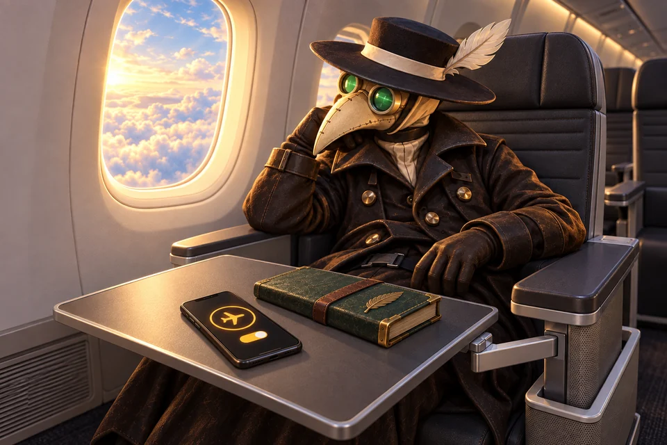 The plague doctor relaxes in a first-class airplane seat. A phone lies flat on the armrest-mounted tray in airplane mode.