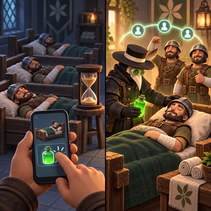 A phone user manually manages wounded soldiers; the plague doctor treats small batches with alliance help.