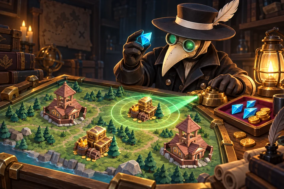 A plague doctor operates a brass scanner terminal showing secret-task treasure targets on green pasture